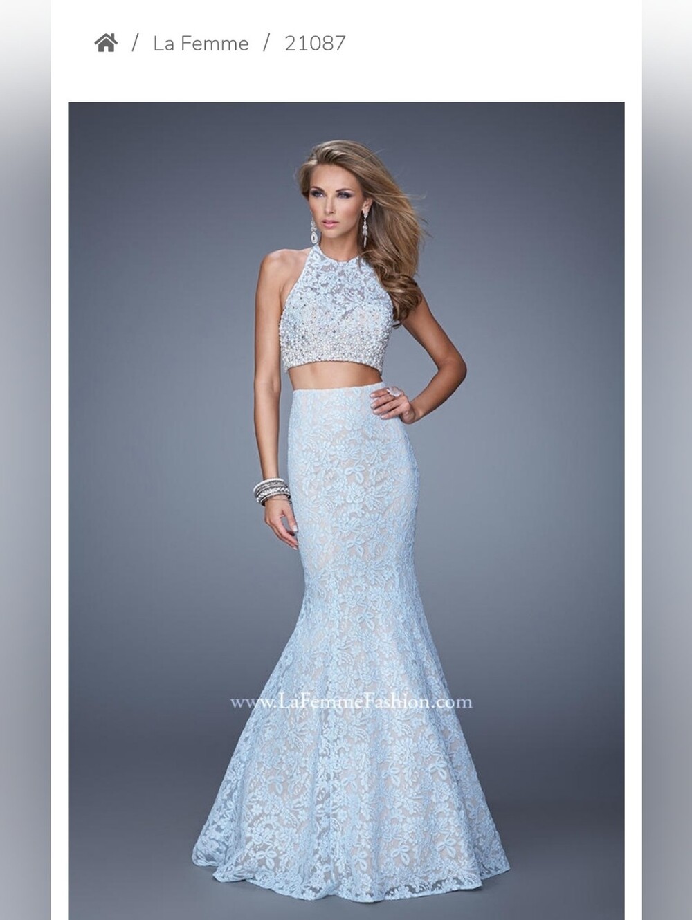 La Femme Off-White Lace Rhinestone Two Piece Formal